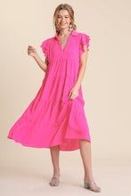 Load image into Gallery viewer, Umgee Tiered Midi Dress with Ruffled Sleeves in Hot Pink Dresses Umgee   
