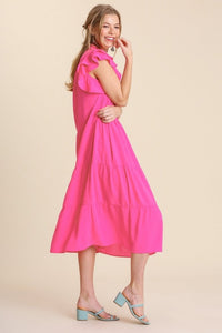 Umgee Tiered Midi Dress with Ruffled Sleeves in Hot Pink Dresses Umgee   