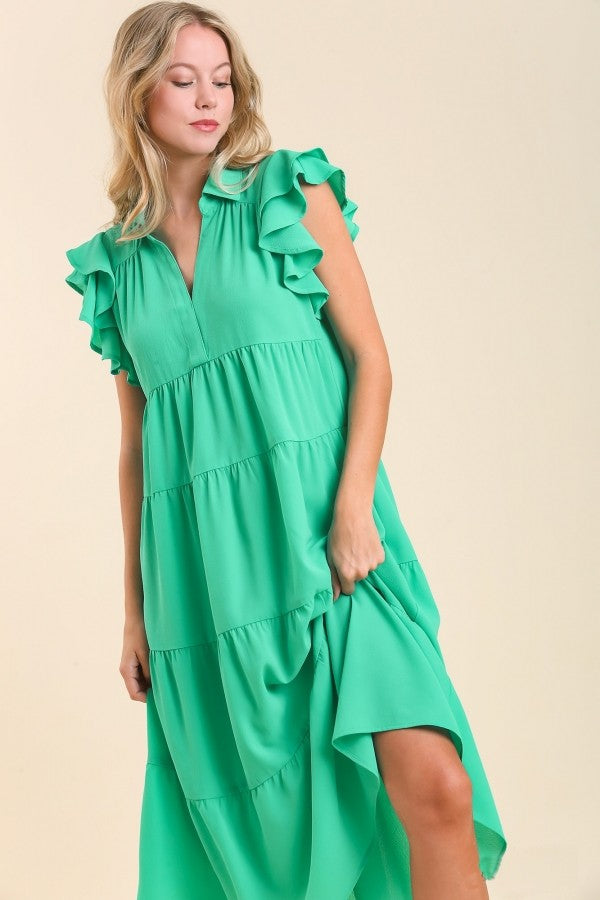 Umgee Tiered Midi Dress with Ruffled Sleeves in Jade Green Dresses Umgee   
