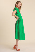 Load image into Gallery viewer, Umgee Tiered Midi Dress with Ruffled Sleeves in Kelly Green Dresses Umgee   
