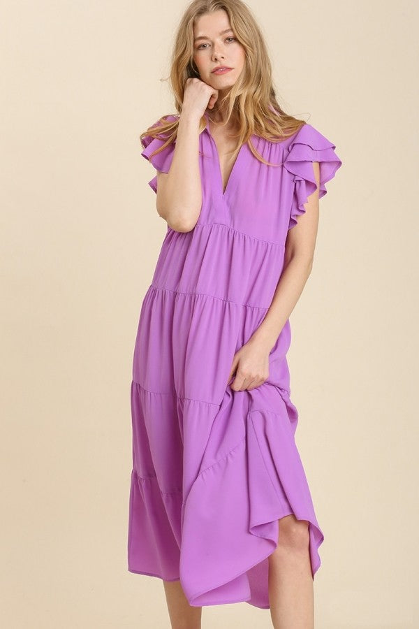 Umgee Tiered Midi Dress with Ruffled Sleeves in Lavender Dresses Umgee   