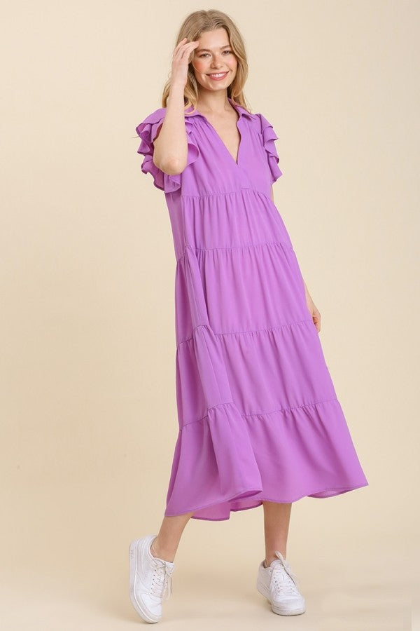 Umgee Tiered Midi Dress with Ruffled Sleeves in Lavender – June Adel