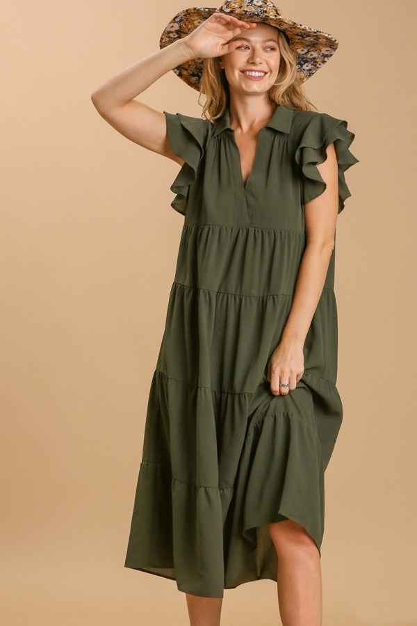 Umgee Tiered Midi Dress with Ruffled Sleeves in Olive Dresses Umgee   