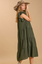 Load image into Gallery viewer, Umgee Tiered Midi Dress with Ruffled Sleeves in Olive Dresses Umgee   
