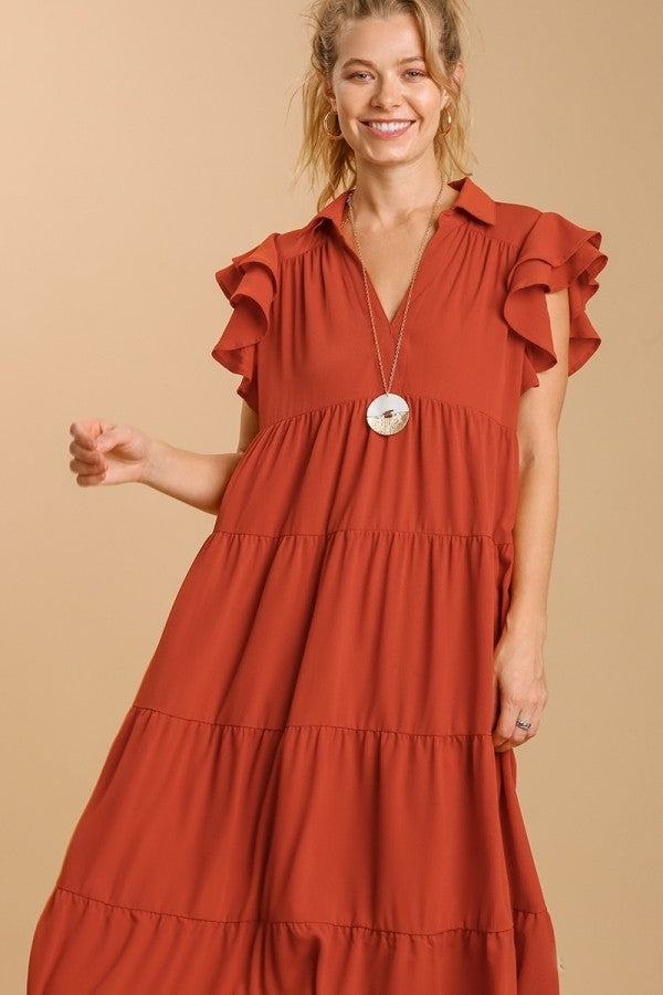 Umgee Tiered Midi Dress with Ruffled Sleeves in Sunset Dresses Umgee   