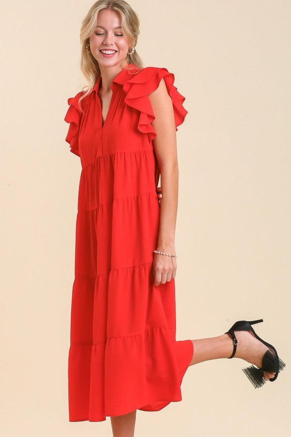 Umgee Tiered Midi Dress with Ruffled Sleeves in Tomato Red Dresses Umgee   