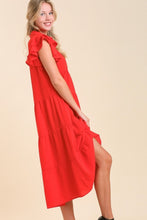 Load image into Gallery viewer, Umgee Tiered Midi Dress with Ruffled Sleeves in Tomato Red ON ORDER Dresses Umgee   
