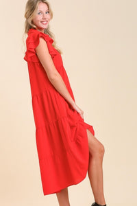 Umgee Tiered Midi Dress with Ruffled Sleeves in Tomato Red ON ORDER Dresses Umgee   