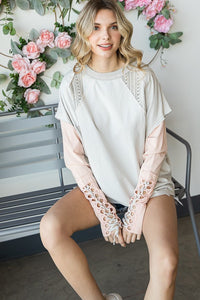 Gray and Blush Top with Lace-Up Sleeve Details Top Oli & Hali   