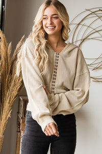 Waffle Knit Long Sleeve Top with Hook and Eye Front and Hood in Taupe Top Oli & Hali   