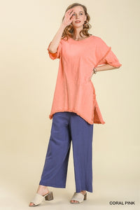 Umgee Coral Pink Tunic Top with Fray Detail FINAL SALE Tops Umgee   