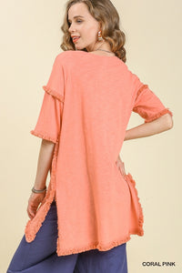 Umgee Coral Pink Tunic Top with Fray Detail FINAL SALE Tops Umgee   