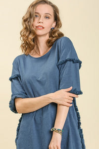 Umgee Dark Denim Blue Tunic Top with Fray Detail Tops Umgee   