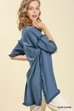Load image into Gallery viewer, Umgee Dark Denim Blue Tunic Top with Fray Detail Tops Umgee   
