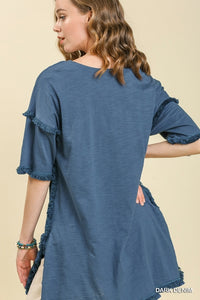 Umgee Dark Denim Blue Tunic Top with Fray Detail Tops Umgee   