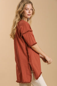 Umgee Teracotta Tunic Top with Fray Detail Tops Umgee   
