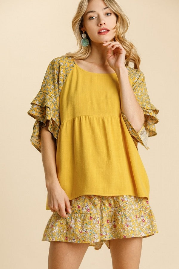 Umgee Honey Mix Babydoll Top with Ruffled Floral Sleeves Top Umgee   