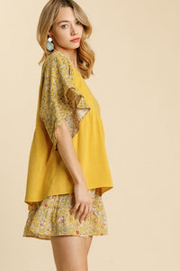 Umgee Honey Mix Babydoll Top with Ruffled Floral Sleeves Top Umgee   