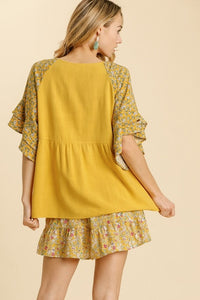 Umgee Honey Mix Babydoll Top with Ruffled Floral Sleeves Top Umgee   