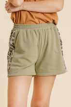 Load image into Gallery viewer, Umgee French Terry Animal Print Elastic Waistband Shorts with Pockets in Sage Green Shorts Umgee   
