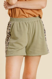 Umgee French Terry Animal Print Elastic Waistband Shorts with Pockets in Sage Green Shorts Umgee   