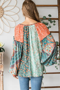 Button Front Print Mixed Blouse Top in Mint Top Oli & Hali   