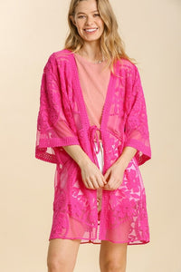 Umgee Floral Lace Kimono in Hot Pink Kimonos Umgee   