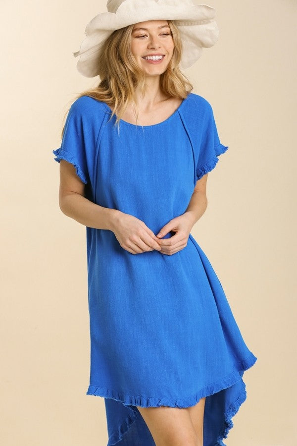 Umgee Cobalt Blue High Low Linen Blend Dress with Frayed Details Dresses Umgee   