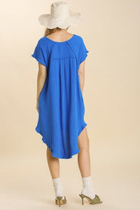 Umgee Cobalt Blue High Low Linen Blend Dress with Frayed Details Dresses Umgee   
