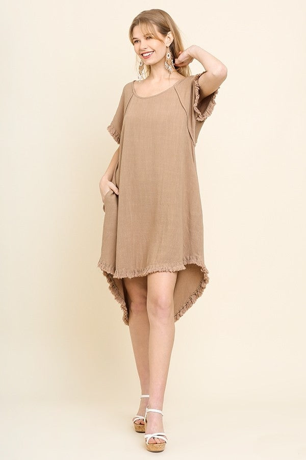 Umgee Latte High Low Linen Blend Dress with Frayed Details June Adel