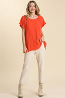 Umgee Neon Orange Top with Fringe Trim Tops Umgee   