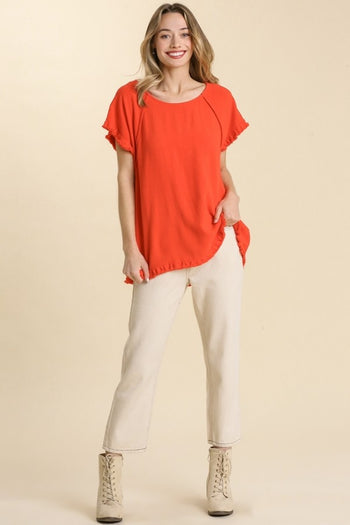 Umgee Neon Orange Top with Fringe Trim Tops Umgee   