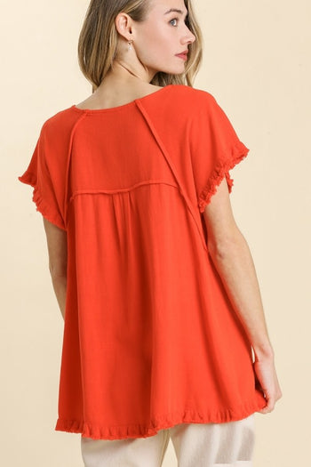 Umgee Neon Orange Top with Fringe Trim Tops Umgee   