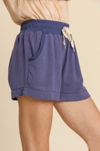 Umgee Linen Blend High Waist Shorts with Elastic Waist with Tie and Pockets in Denim Shorts Umgee   