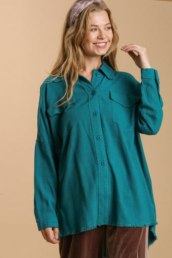 Umgee Button Front Linen Blend Top in Teal FINAL SALE Shirts & Tops Umgee   