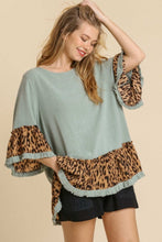 Load image into Gallery viewer, Umgee Dusty Mint Top with Leopard Print Ruffle Trim Tops Umgee   

