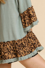 Load image into Gallery viewer, Umgee Dusty Mint Top with Leopard Print Ruffle Trim Tops Umgee   
