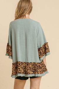 Umgee Dusty Mint Top with Leopard Print Ruffle Trim Tops Umgee   