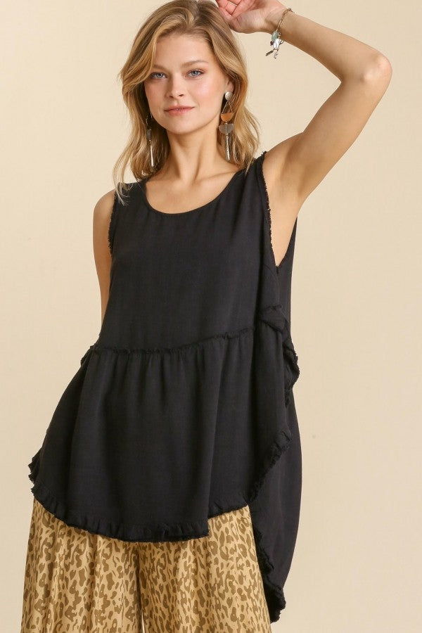 Umgee Linen Blend Tank Top with Scoop Hem in Black Shirts & Tops Umgee   