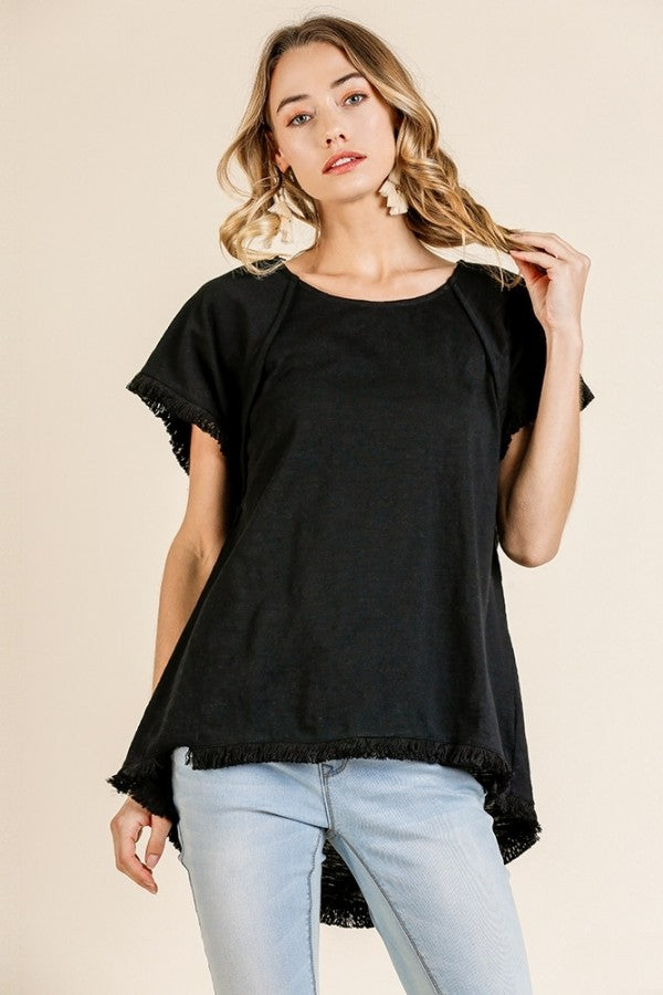 Umgee High Low Top with Frayed Hem in Black Tops Umgee   