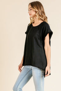 Umgee High Low Top with Frayed Hem in Black Tops Umgee   