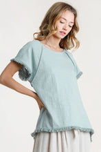 Load image into Gallery viewer, Umgee High Low Top with Frayed Hem in Dusty Blue Tops Umgee   
