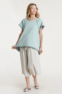 Umgee High Low Top with Frayed Hem in Dusty Blue Tops Umgee   