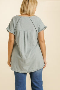 Umgee High Low Top with Frayed Hem in Dusty Blue Tops Umgee   