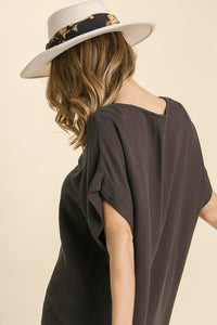 Umgee Linen Top with Frayed Scoop Hem in Ash Shirts & Tops Umgee   