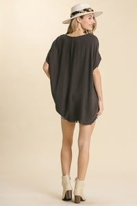 Umgee Linen Top with Frayed Scoop Hem in Ash Shirts & Tops Umgee   