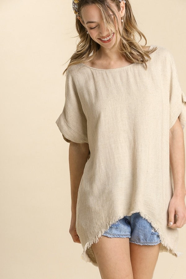 Umgee Linen Top with Frayed Scoop Hem in Oatmeal Shirts & Tops Umgee   