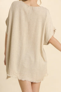 Umgee Linen Top with Frayed Scoop Hem in Oatmeal Shirts & Tops Umgee   