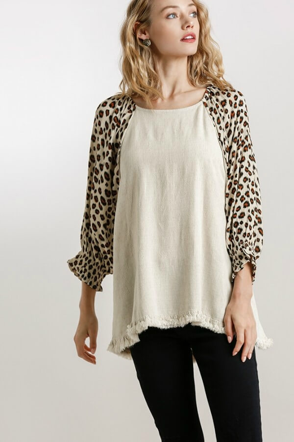 Umgee Oatmeal Top with Animal Print Sleeves and Cinched Cuffs Tops Umgee   