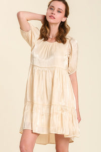 Umgee Satin Shimmer Short Balloon Sleeve Tiered Dress in Cream FINAL SALE Dress Umgee   